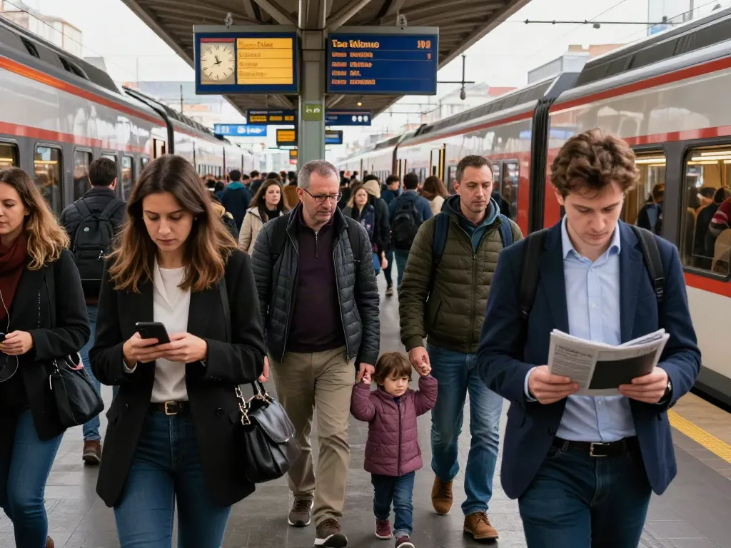 Commuters in a busy train station during morning rush hour, checking train schedules amidst vibrant urban activity related to sciopero.