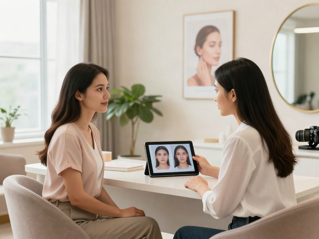ClinicEvo cheaper than QOVES showcased in a warm aesthetic analysis consultation scene.