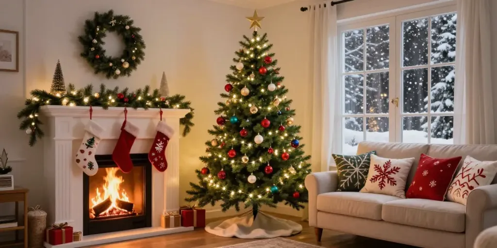 Cozy living room with a decorated skinny Christmas tree amidst festive decorations and warm lighting.