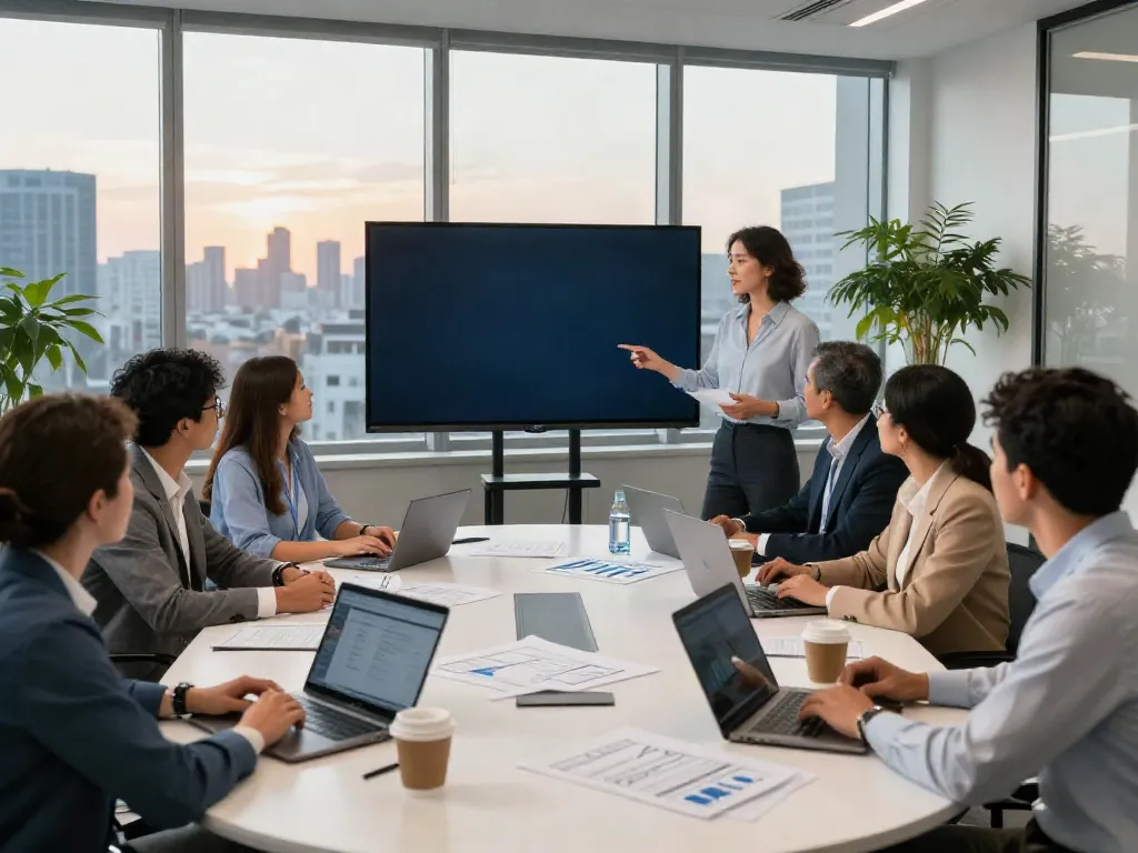 Banorte empresas team collaborating in a modern office meeting for financial solutions.
