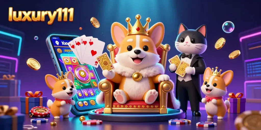 Explore exciting gameplay with luxury111 in this vibrant 3D illustration featuring royal corgis and casino elements.