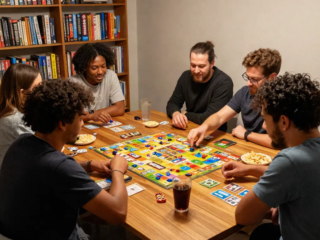 Cialis board game night with friends enjoying tabletop games together.