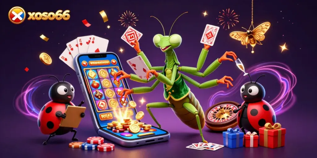 Xoso66 characters celebrating with cards and coins in a vibrant casino scene.
