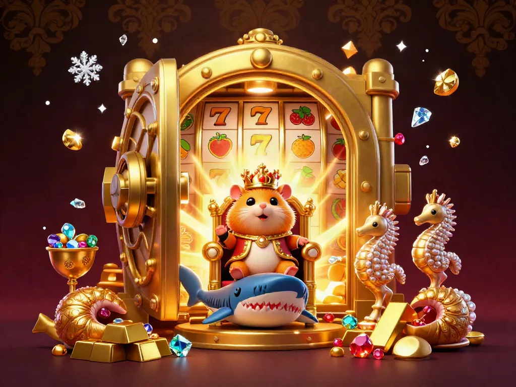 Gambarkan kegembiraan bermain Situs Toto Slot dengan raja hamster emas di atas takhta hiu, dikelilingi harta karun.