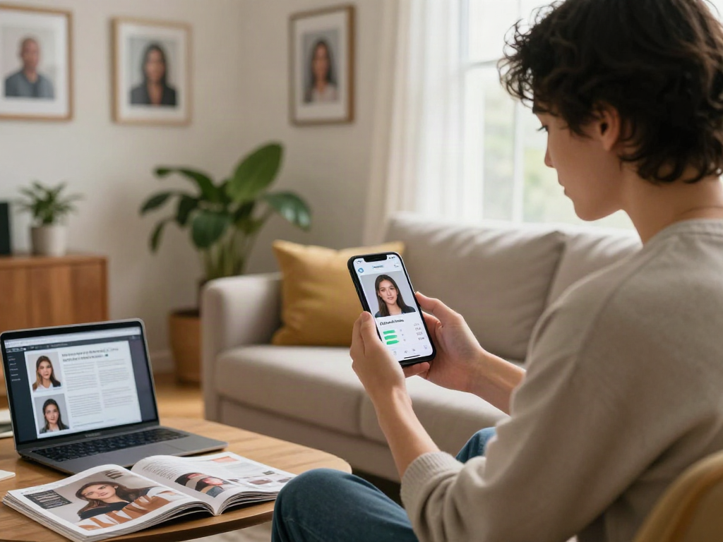 Young adult using a smartphone app to find out "how old do I look" in a cozy living room.