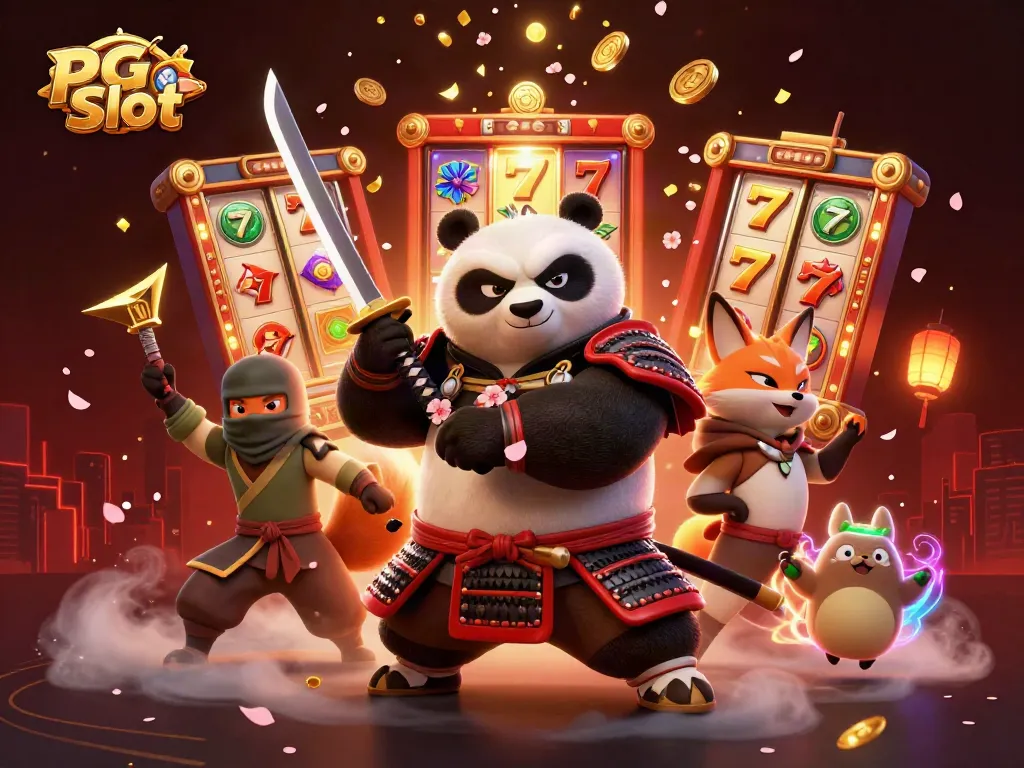 Menangkan PG Slot dengan pemandangan penuh energi dari karakter samurai dan ninja dalam suasana kasino.