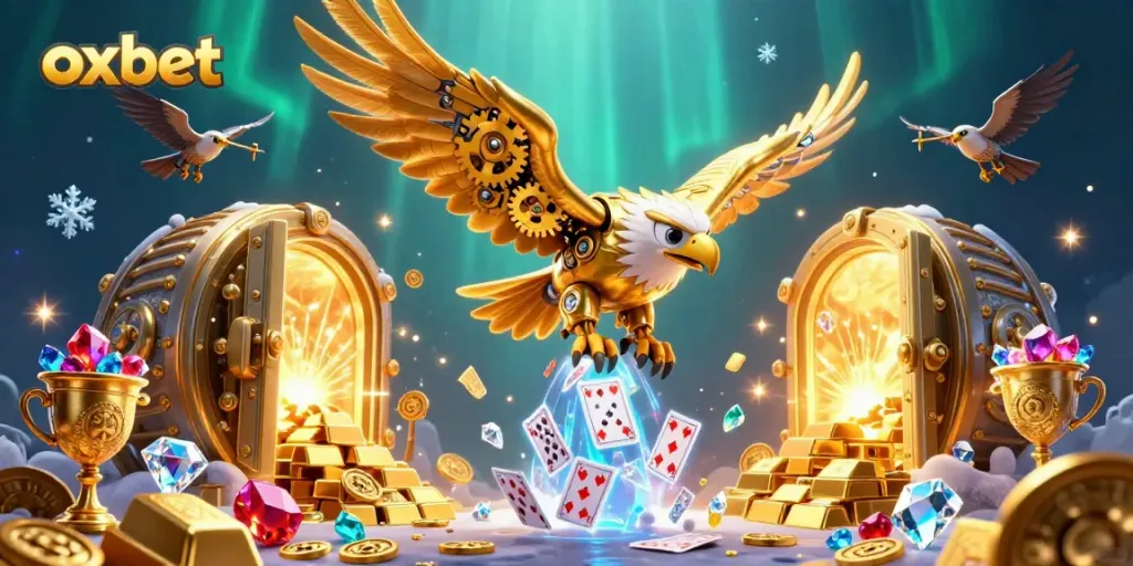 Experience thrilling gameplay at OXBET with a golden eagle amidst dazzling casino treasures.