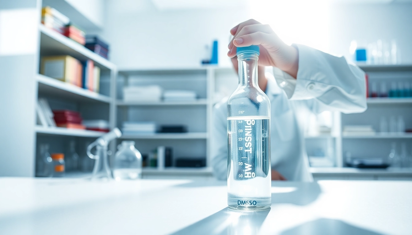 Analyze DMSO organic in a professional laboratory setting with a glass vial and equipment.
