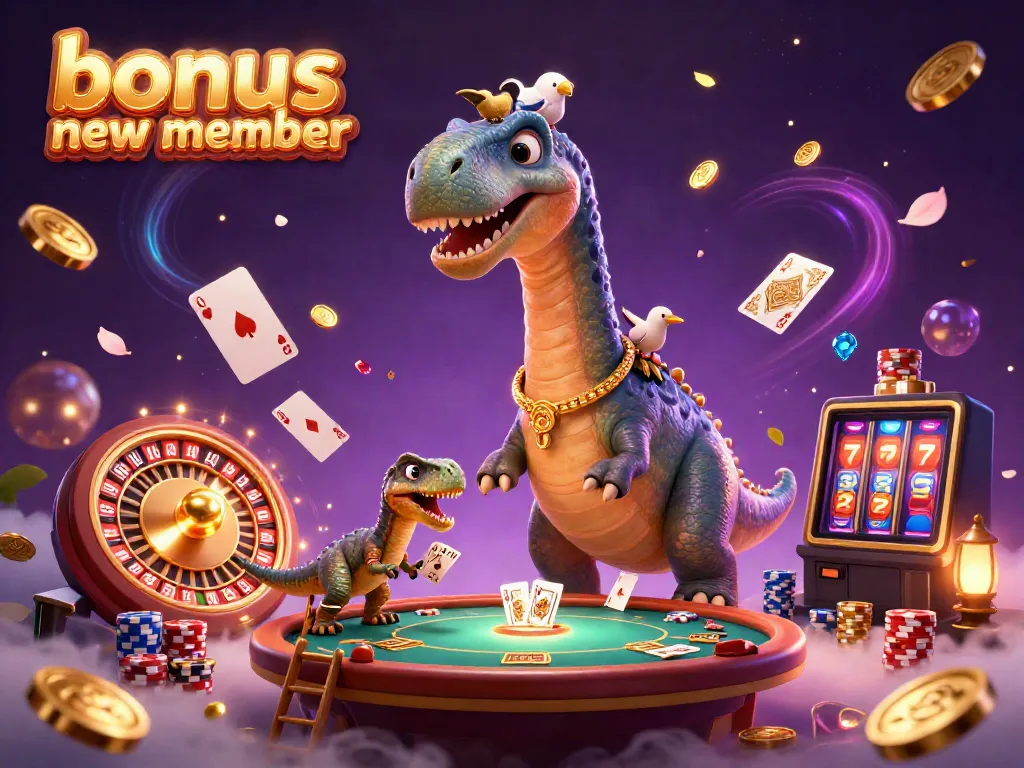 Exciting casino scene showcasing a brontosaurus and a clever raptor amid golden coins, celebrating the bonus new member reward.