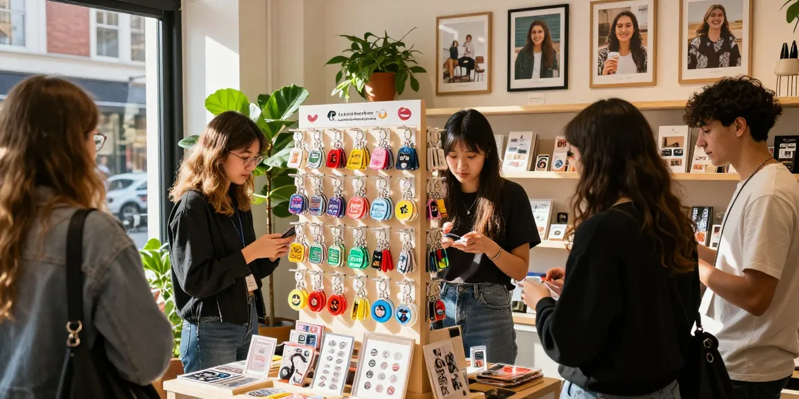 Custom Acrylic Diamond Keychains displayed in a trendy urban boutique, showcasing vibrant designs and an inviting shopping atmosphere.